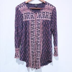 Lucky Brand Blue Button Up Wood Block Shirt Size Large Boho Hippie Lightweight